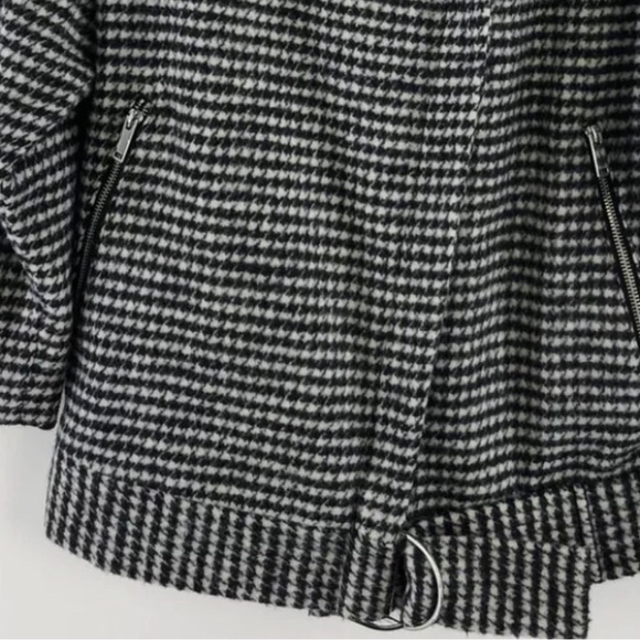 TOPSHOP B/W Houndstooth Wool Blend Pea Coat w Belted Collar & Hem Zipper Pockets - Picture 7 of 13